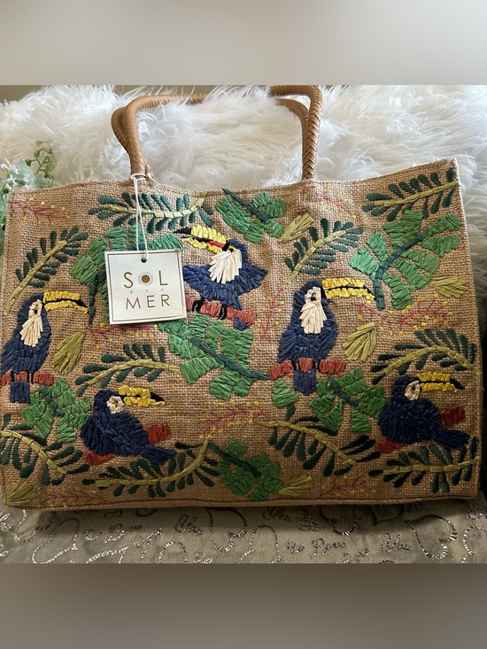 Sol And Mer Handbags - NWT Sol & Mer Embroidered Parrot Tote – Natural with Navy & Green